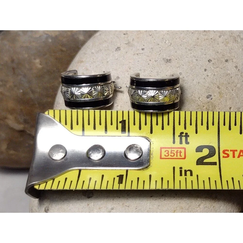 VTG CX Bright Cut Sterling Silver 925 Black Enamel Wide Hoop Hugger Earrings